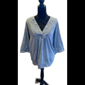 Rachel & Zoe Blouse Plus Size 1X Boho Pleasant Top Chambray Lace V Neck Flowy